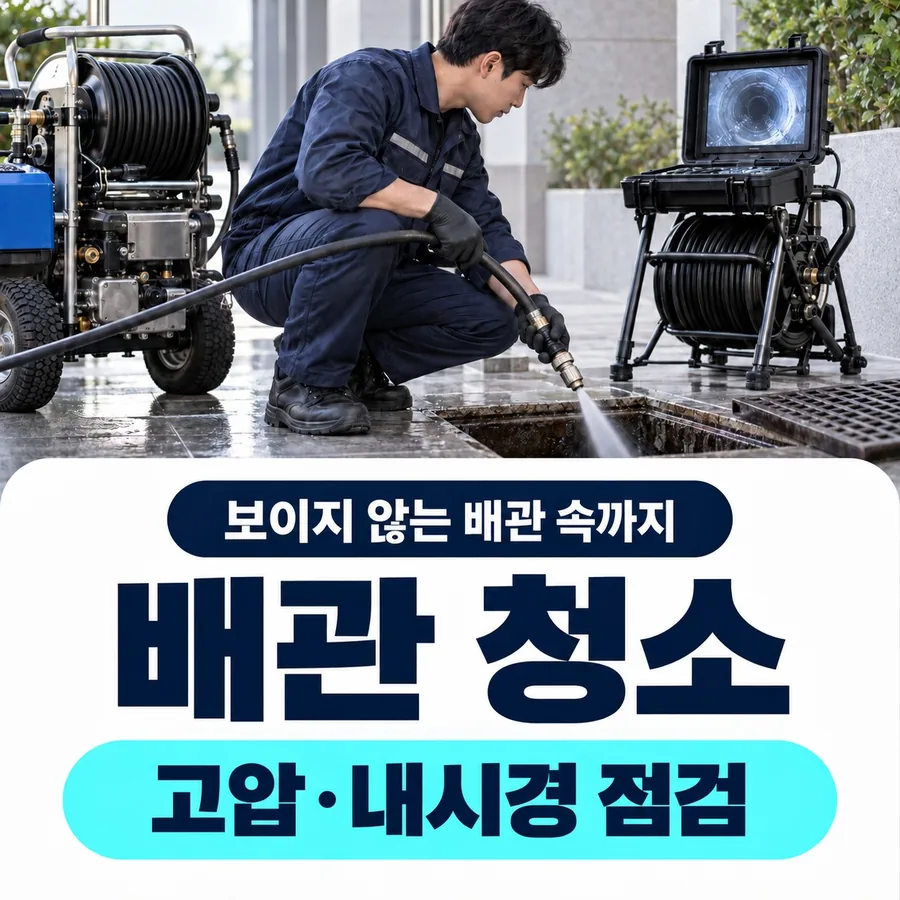 진주 하수구막힘 — 배관 청소, 고압세척 장비로 배수로를 씻어 내는 작업자와 배관 내시경