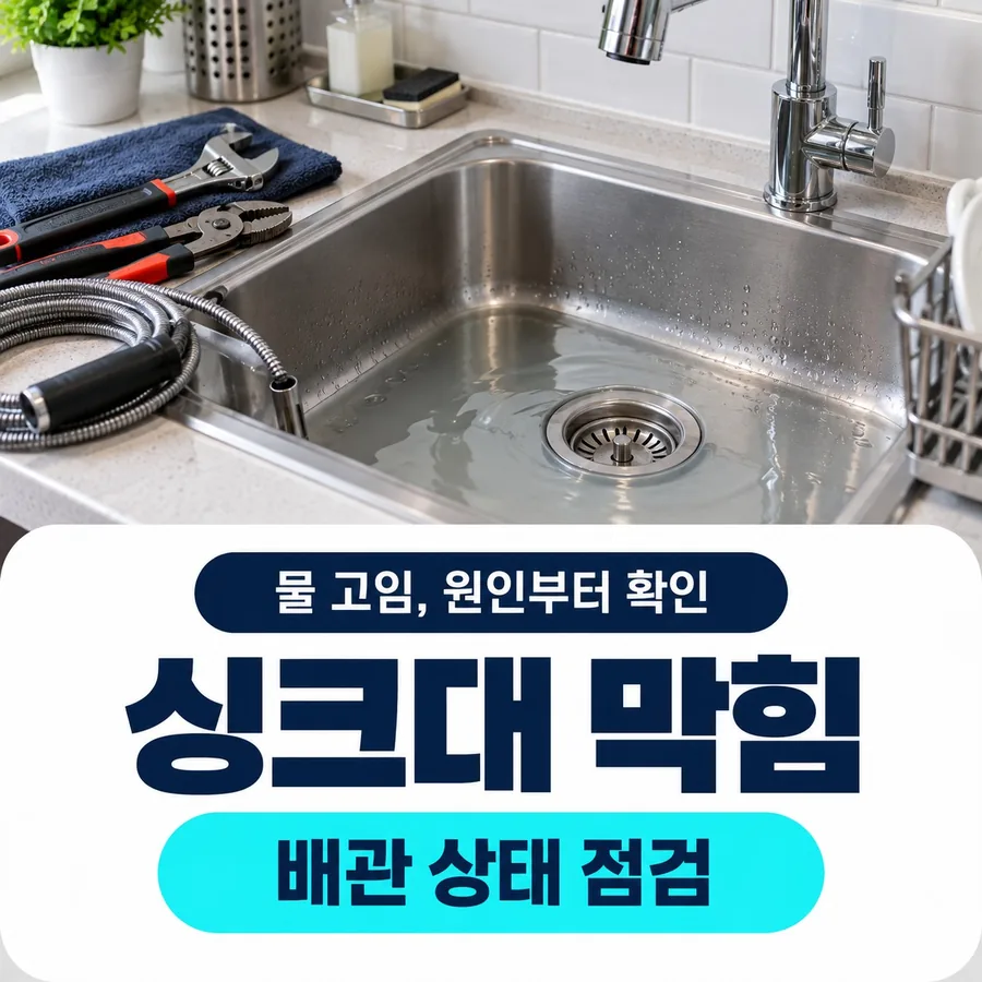 여주 하수구막힘 — 싱크대 막힘, 물이 고인 주방 싱크대와 배관 청소 도구